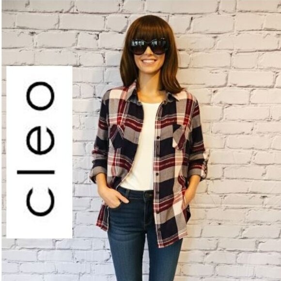 CLEO, Plaid navy/burgundy button down top with slight metallic thread detailing - Picture 1 of 8